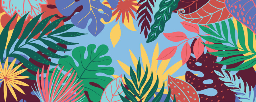 Tropical leaves background with colorful exotic foliage, monstera, palm, caladium and philodendron forming decorative frame, vibrant jungle border for banner or poster design