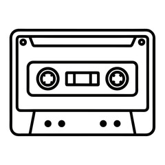 Obraz premium Black outline vector illustration of a retro analog audio cassette tape showing internal components and spool wheels on a white background.