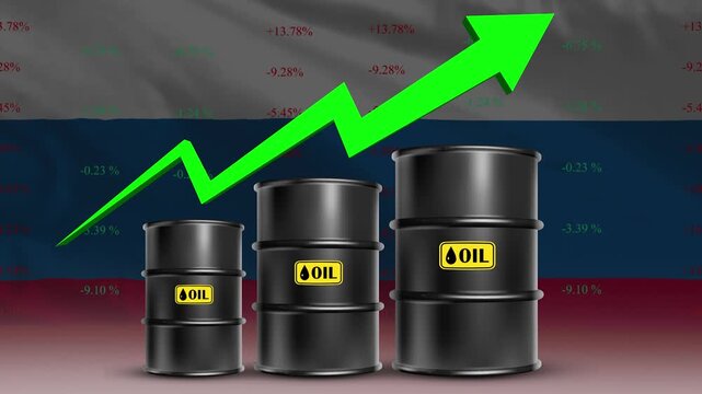 Russia Crude Oil Market Growth with Green Rising Arrow and Barrels