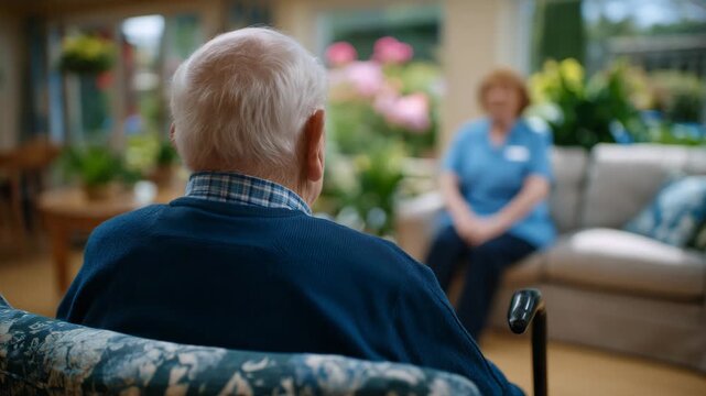Wide bright elderly care facility scene with a faceless senior Black man resting on a modern sofa viewed from behind, a walking stick leaning against the seat cushion, a caregiver