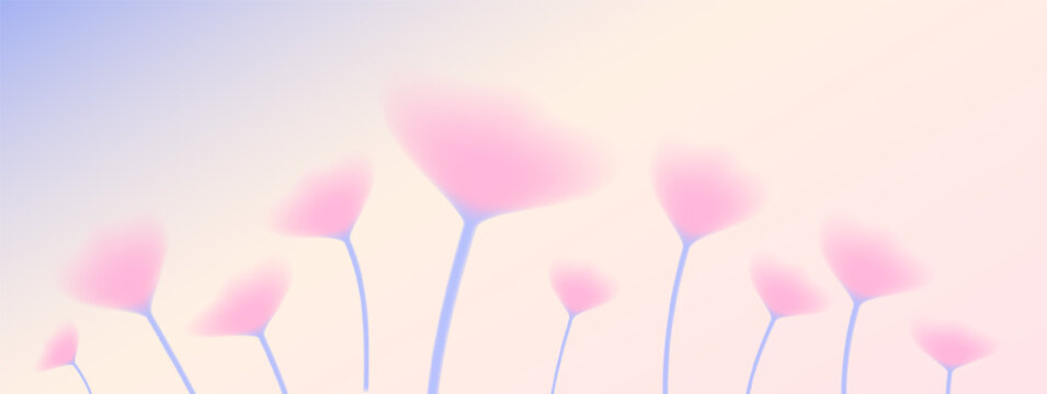 Gentle wildflower blur shapes in soft gradient for spring banners. Floral gentle tulip forms and unfocused blooms in gradation. Dreamy flowers vector set with translucent blur and pastel field