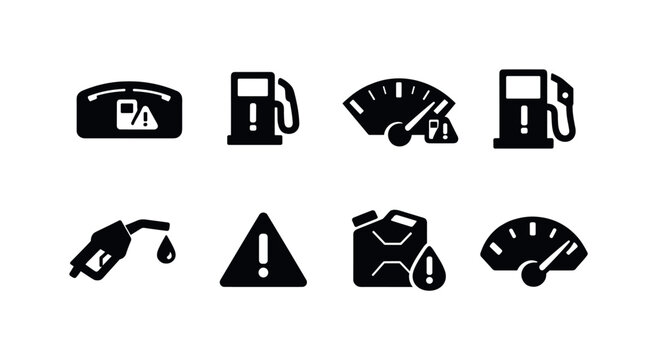 Low Fuel Warning. Filled icon set of Low Fuel Warning: car dashboard, fuel warning light, low fuel gauge,