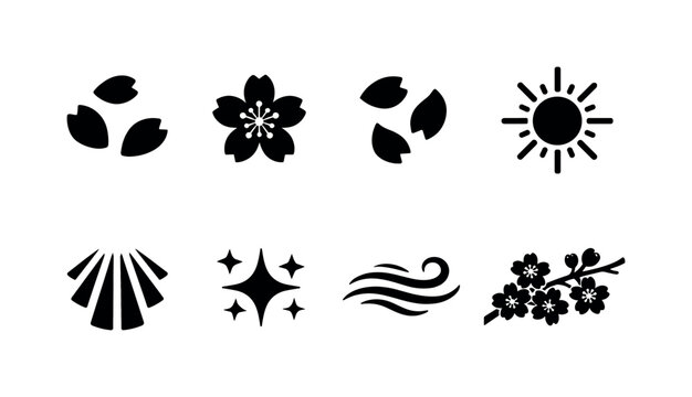 Cherry Blossom Sunlight. Filled icon set of Cherry Blossom Sunlight: sakura petals, blooming flower, falling