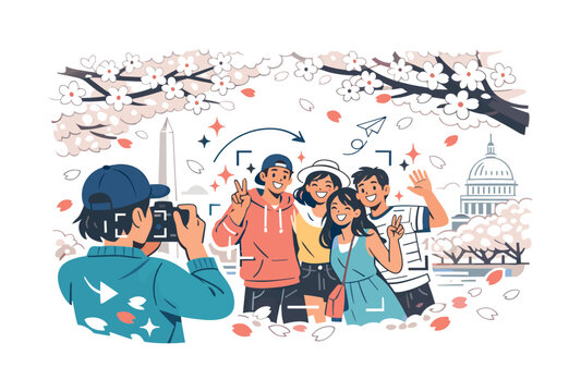 Blossoms and Friends. Cherry blossom festival photography scene DC. A group of friends pose for photos under