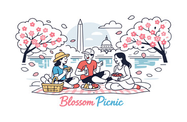 Obraz premium Cherry Blossom Picnic. Picnic under cherry blossom trees Washington. People sitting on a blanket under