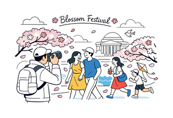 Obraz premium Street photography cherry blossom festival DC. A photographer capturing people walking under blooming cherry