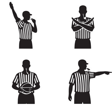 Silhouette referees in striped shirts signaling fouls violations possession and direction during basketball game