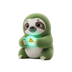 Fototapeta premium Cute cartoon sloth holding glowing warning sign 3D illustration