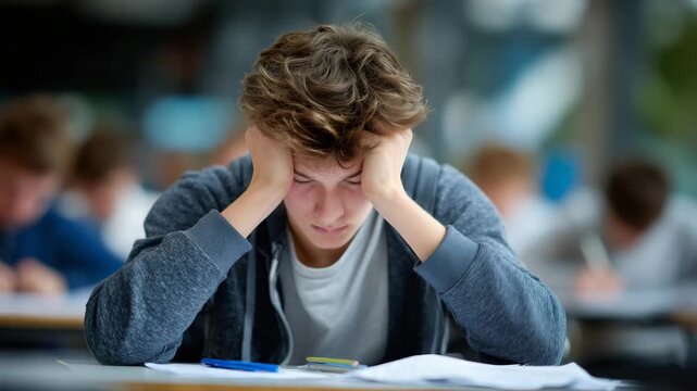 Wide classroom photograph of a distressed faceless high school student during an exam, head lowered and face hidden in both hands, exam paper and writing tools resting on the desk