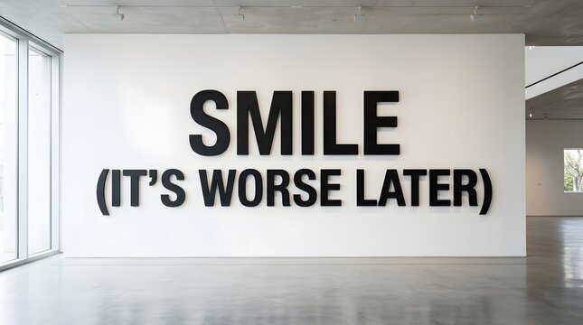 Humorous Message in an Art Gallery: A thought-provoking installation with the word SMILE and a comical follow-up line IT'S WORSE LATER displayed prominently on a stark wall.