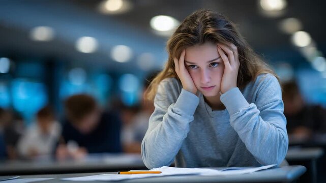 Wide exam hall composition showing a faceless high school student covering their face with both hands while struggling with anxiety during a test, exam paper, pencil, and eraser po