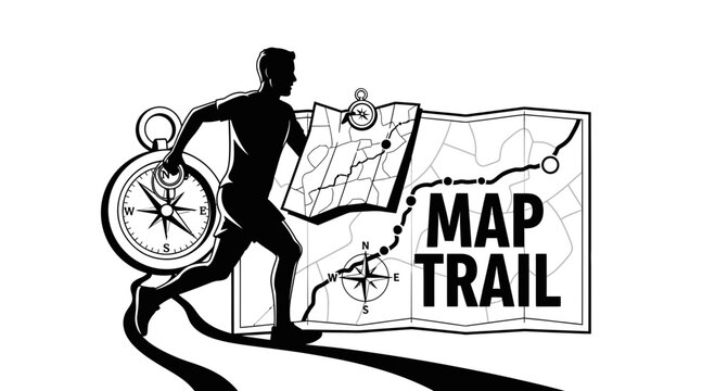 Silhouette Runner Navigating Trail, Guided By Compass and Map With Navigation Concepts
