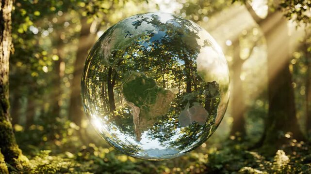 A crystal globe representing earth sits amidst green nature and a tree in forest