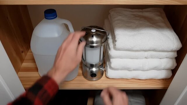 Man places glowing metal lantern on wooden shelf next to water jug and stack of white towels in well-lit interior storage space