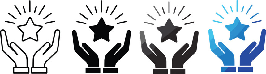 Fototapeta premium Set of Success and Achievement Icons Featuring Hands Holding a Shining Star with Light Rays for Motivation Inspiration and Goal Accomplishment Graphic Designs