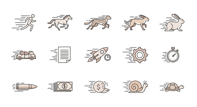 Speed And Velocity Icons Depicting Fast Movement And Efficiency In Different Contexts