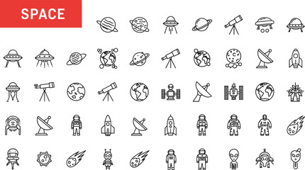 Set of Space Exploration Icons Featuring Planets Astronauts Rockets UFOs Telescopes and Alien Characters for Science Fiction Astronomy and Education Graphic Designs © sojibislam