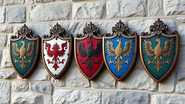 warden. Ornate heraldic shields with similar patterns in distinct colors, mounted on a textured stone wall. event programs, museum guides, designed for cultural heritage projects and event programs.