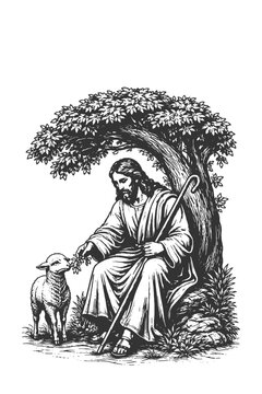 Classic woodcut style vector illustration of Jesus Christ sitting under a tree and feeding a small lamb, symbolic religious art for spiritual themes.