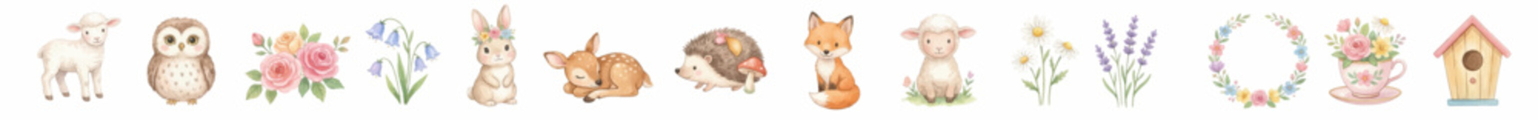 Adorable woodland nursery set with animals and botanical details. Collection of Vector illustrations for invitation, card, poster, banner, decoration © maria