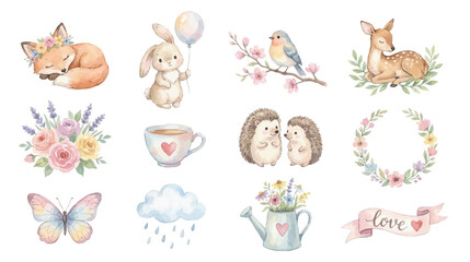Fototapeta premium Romantic nursery set with animals, flowers and cozy decorative details. Collection of Vector illustrations for invitation, card, poster, banner, decoration