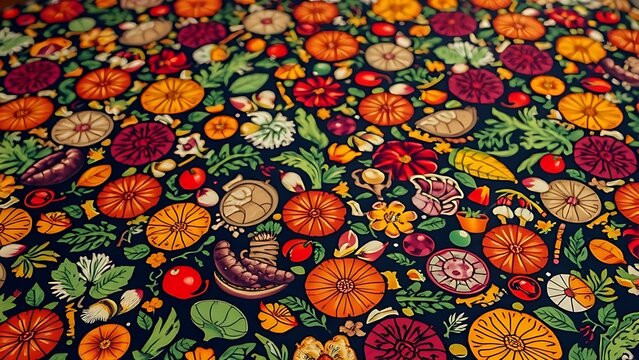extent. A vibrant tablecloth densely covered with colorful food patterns and rich textures. menu design, packaging mockups, designed for culinary blogs and recipe cards for restaurants.