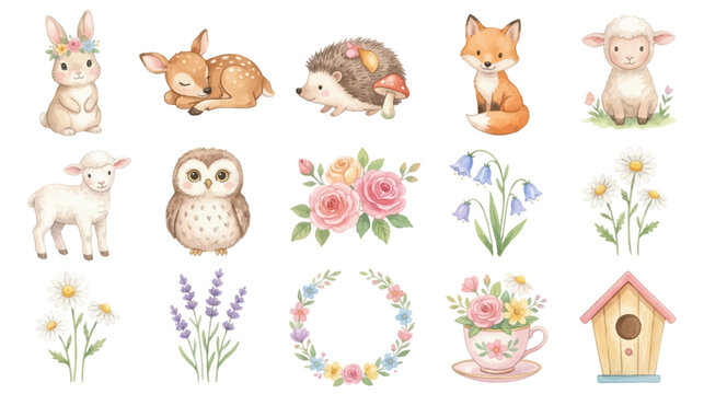 Cute forest animals and floral elements in soft pastel watercolor style. Collection of Vector illustrations for invitation, card, poster, banner, decoration
