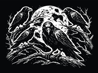 Obraz premium Raven birds on branches with full moon in vintage engraving line art style, black and white vector illustration of dark gothic wildlife composition