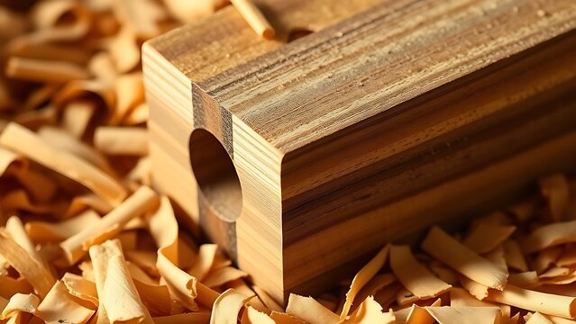 tenon. Macro shot of a traditional woodworking joint, a mortise and tenon nestled in wood shavings. event key visuals, club posters, designed for sports event promotions and stadium branding.