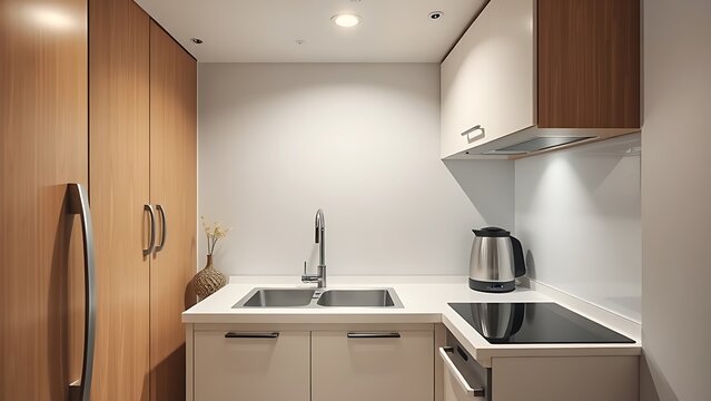 knack. Compact kitchenette with clean counters and soft lighting, functional small space. lifestyle magazines, social media lookbooks, designed for lifestyle magazines and social media content.