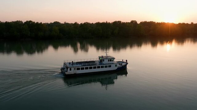 Passenger ferry boat cruising on calm river at sunset, scenic water transport in golden hour light, aerial view of riverboat navigation