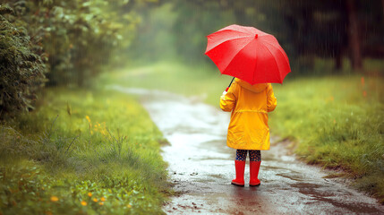 Obraz premium Child in yellow raincoat holding red umbrella on rainy path in green countryside