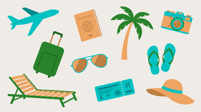 Collection of travel essentials including a passport airplane sunglasses suitcase camera flip-flops and a sun hat on a light background symbolizing vacation and adventure