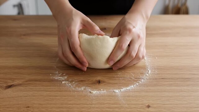 Professional baker kneading fresh bread dough on wooden table, hands preparing raw pastry with white flour, culinary process for homemade baking