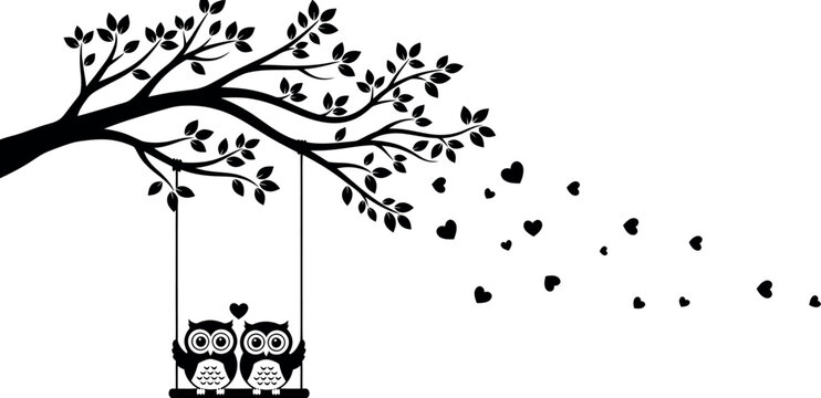 Black silhouette of two owls on a swing under a tree with hearts