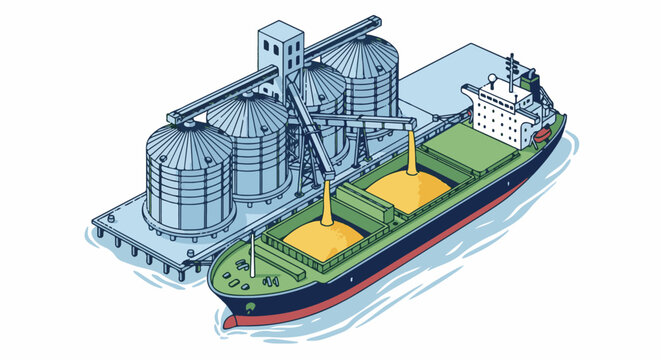 Cargo ship loading yellow grain from silos at a port
