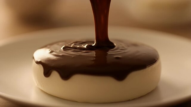 Rich dark chocolate sauce pouring over white panna cotta dessert, decadent cocoa syrup drizzling on creamy pudding, elegant gourmet pastry plating