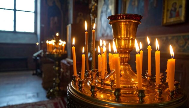 Interior view of a church features many lit candles in various heights on ornate golden candelabras and a large window in the background