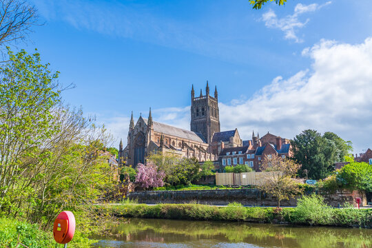 Looking across the River Severn towards Worcester Cathedral in the City of Worcester in the UK