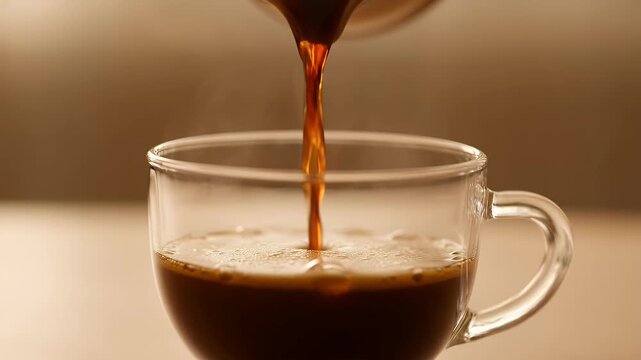 Fresh hot coffee pouring into glass cup, steaming dark espresso in  transparent mug, warm morning beverage with cinematic lighting and bokeh  background