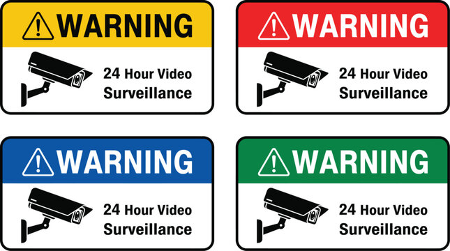 Four warning signs 24 hour video surveillance in different colors