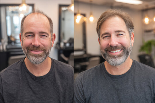 before and after transformation of a man doing scalp treatment in a professional salon