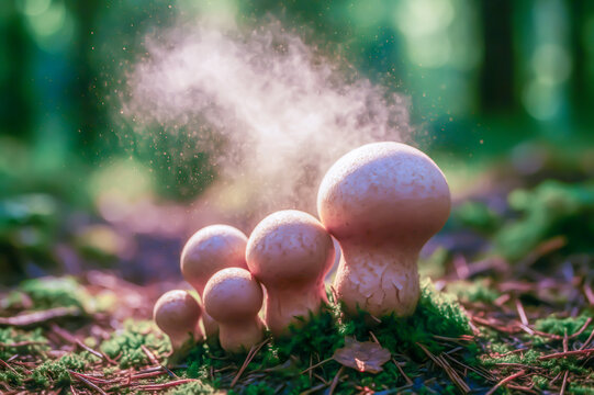 Puffball mushrooms releasing spores in forest sunlight