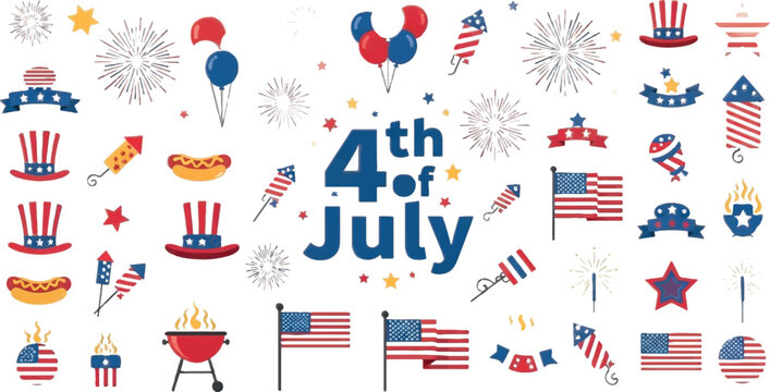 4th of July icons, American Independence Day symbols, patriotic elements, USA celebration graphics