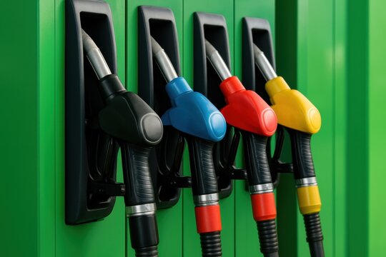 Four distinct, colorful fuel nozzles on a vibrant green pump, symbolizing diverse energy options. Ideal for gas stations, automotive, travel, and environmental discussions.
