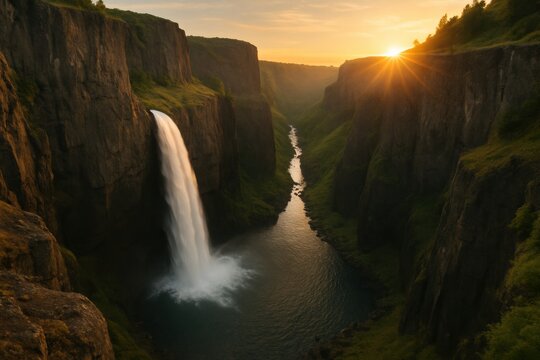 A breathtaking scene with a powerful waterfall cascading into a serene river, surrounded by towering canyon walls under a radiant golden sunset. Ideal for nature and travel themes.