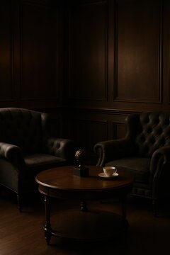 A sophisticated, dimly lit room showcasing two classic leather armchairs and a round wooden table with a teacup. Creates a luxurious, calm, and exclusive ambiance for upscale settings.
