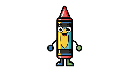 Fototapeta premium Cartoon crayon character with arms legs and smiling face on white background