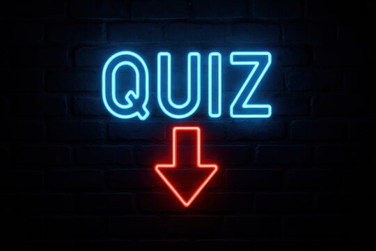 Vibrant blue neon 'QUIZ' sign above a glowing red arrow on a dark brick wall. Perfect for gaming, educational content, challenges, and trivia, evoking a retro and interactive mood.