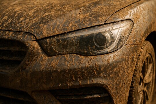 Detailed view of a dark car's front, heavily caked in mud and grime. Conveys ruggedness, adventure, and off-road driving. Ideal for automotive, extreme sports, or travel campaigns.